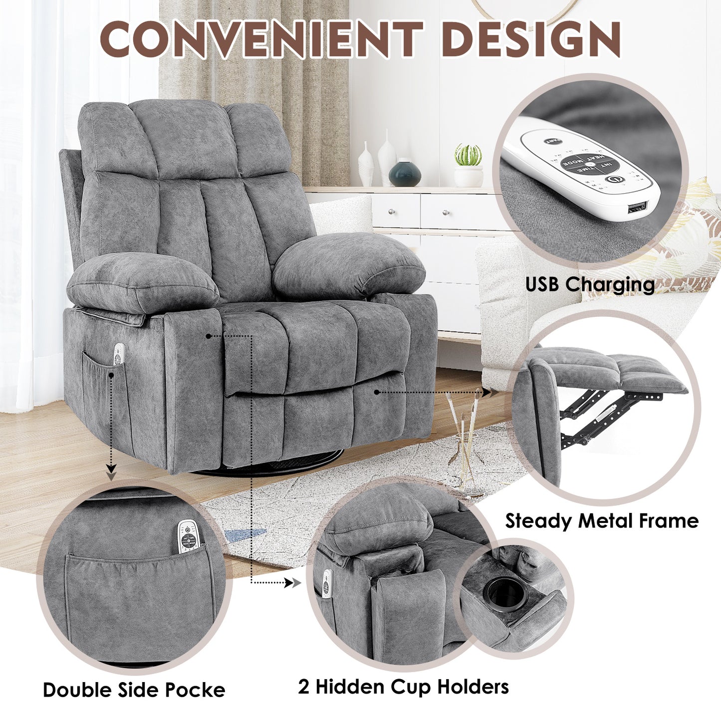 Massage Swivel Rocking Chair, Living Room Massage Chair with Vibration Massage and Heating