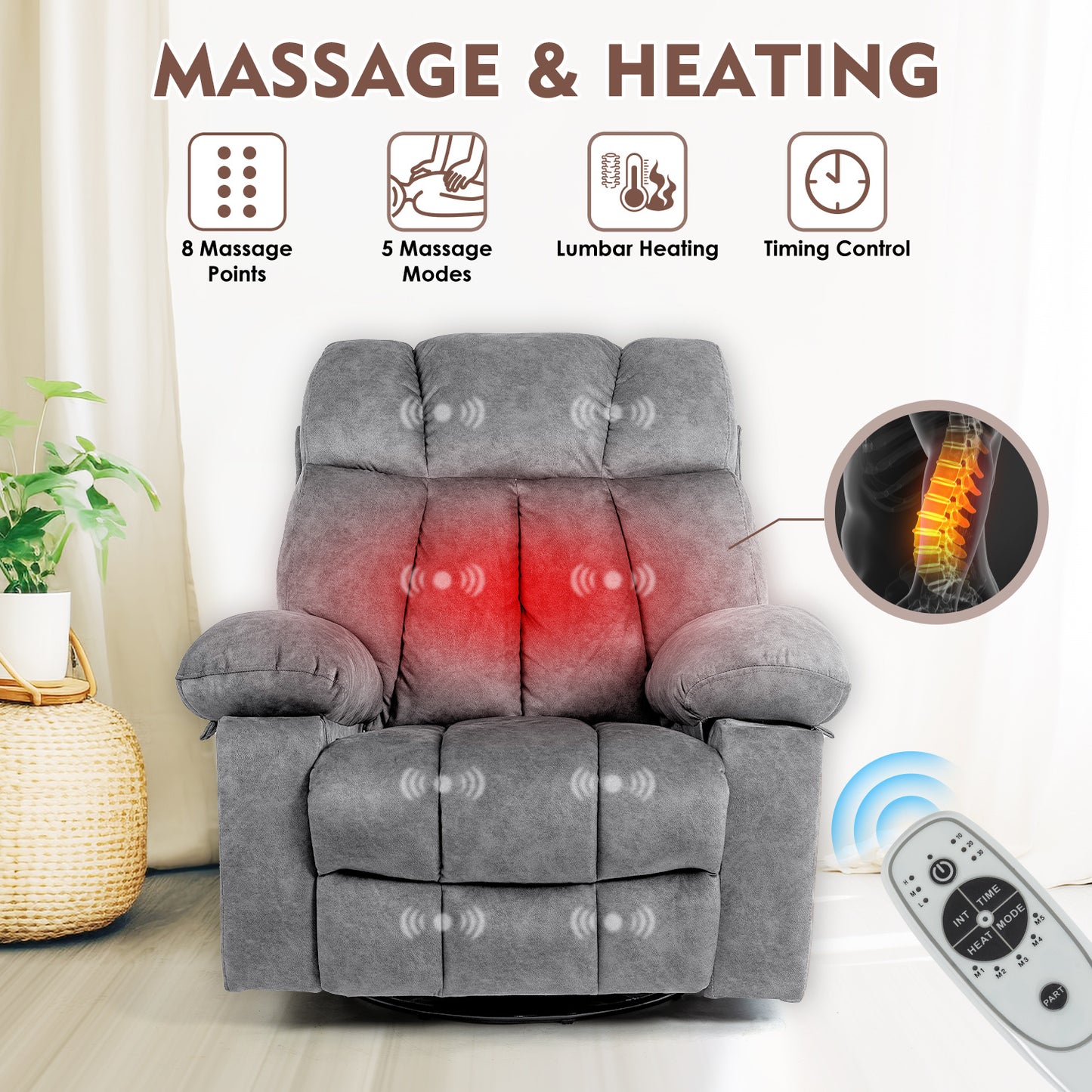 Massage Swivel Rocking Chair, Living Room Massage Chair with Vibration Massage and Heating