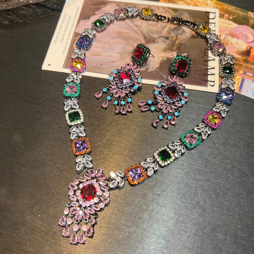 Coloured Gemstones Necklace Earrings Women's Jewelry Set 2025