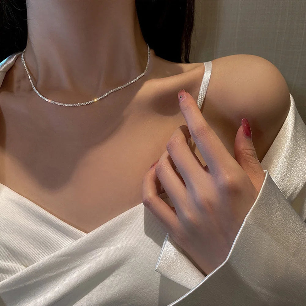 Shiny Sparkling Silver-Plated Clavicle Chain Necklace Bracelet Jewelry Set