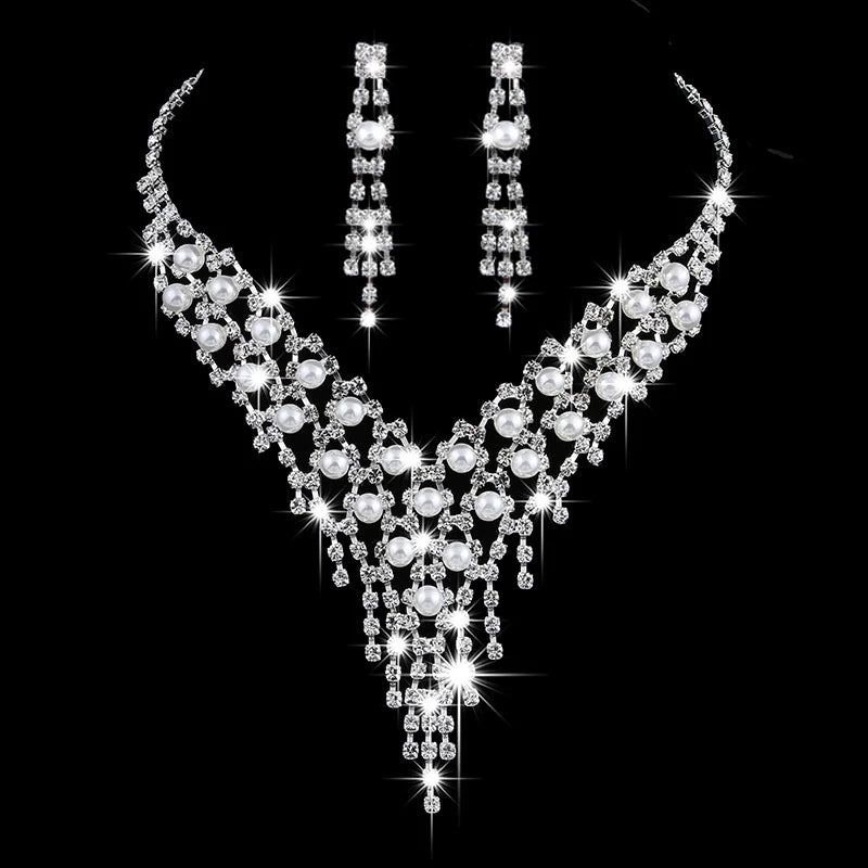 Luxury Simulated Pearl Tassels Bride Wedding Necklace Earing Set