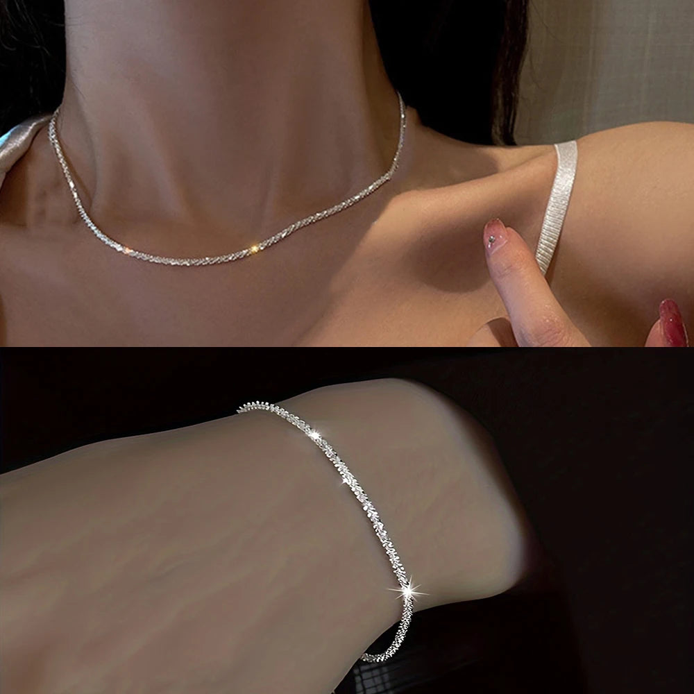 Shiny Sparkling Silver-Plated Clavicle Chain Necklace Bracelet Jewelry Set