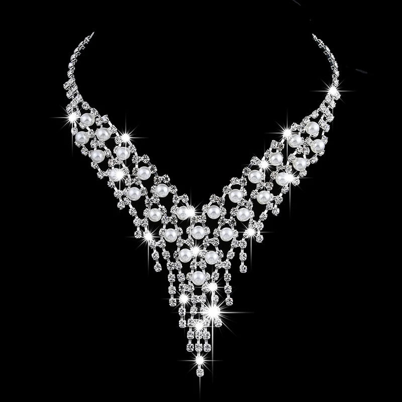 Luxury Simulated Pearl Tassels Bride Wedding Necklace Earing Set