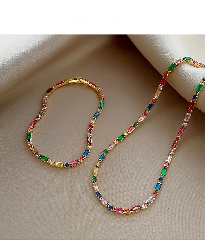 Luxury Design Colorful Zircon Chain Necklace Bracelet Jewelry Sets
