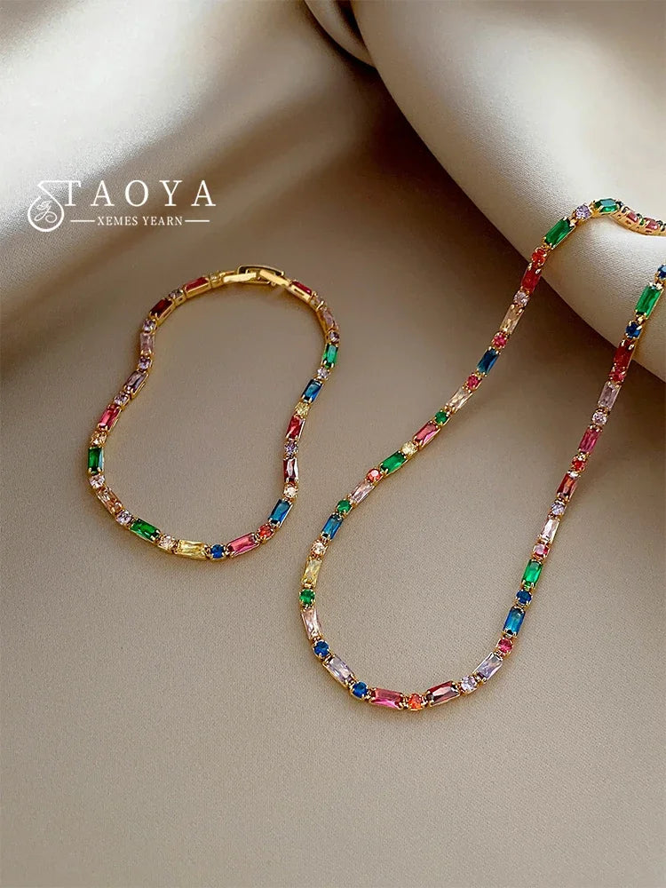 Luxury Design Colorful Zircon Chain Necklace Bracelet Jewelry Sets