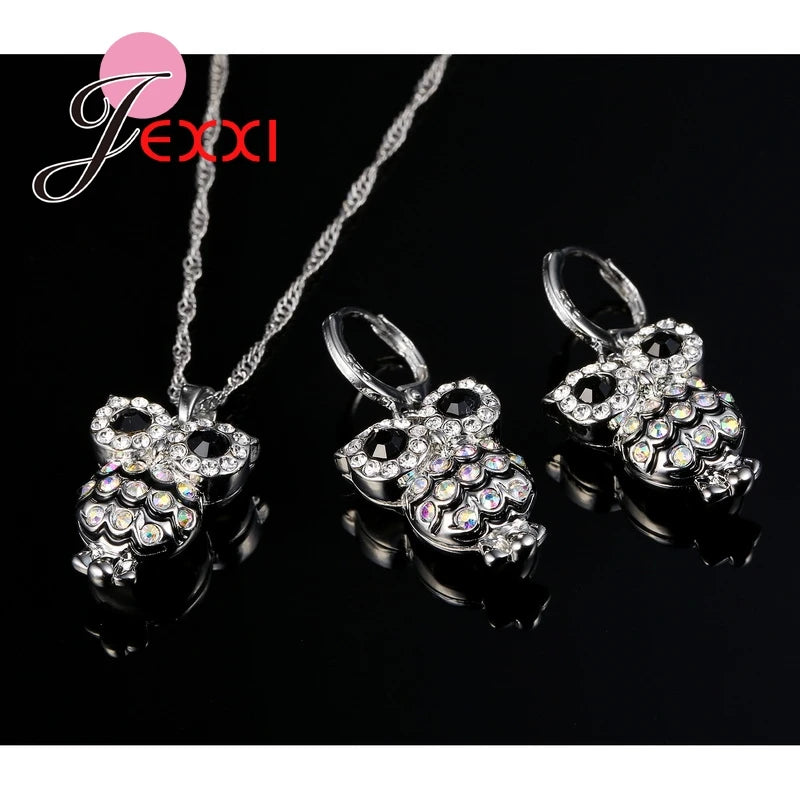 Owl Pendant Crystal Necklace and Earrings