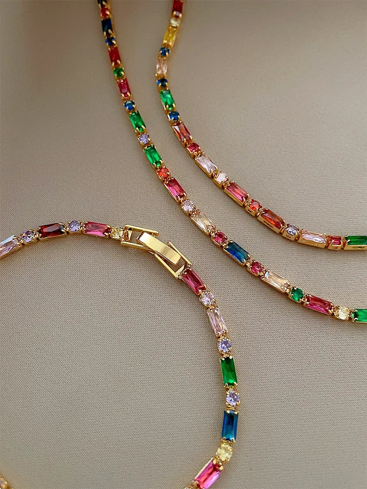 Luxury Design Colorful Zircon Chain Necklace Bracelet Jewelry Sets
