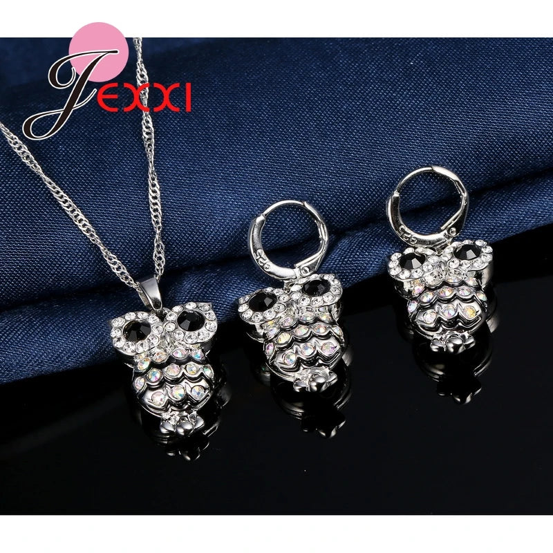 Owl Pendant Crystal Necklace and Earrings