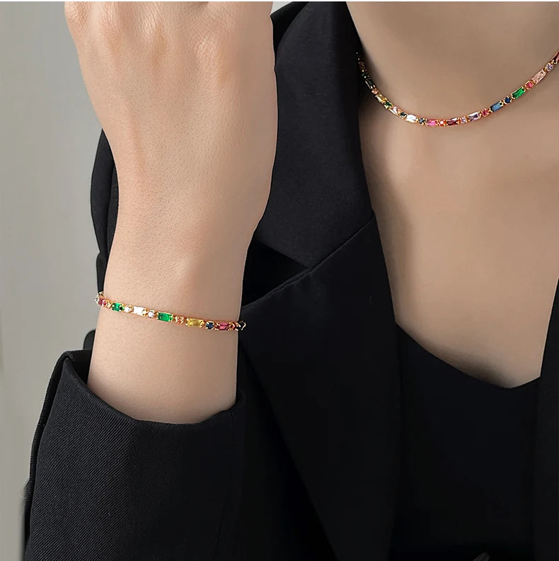 Luxury Design Colorful Zircon Chain Necklace Bracelet Jewelry Sets