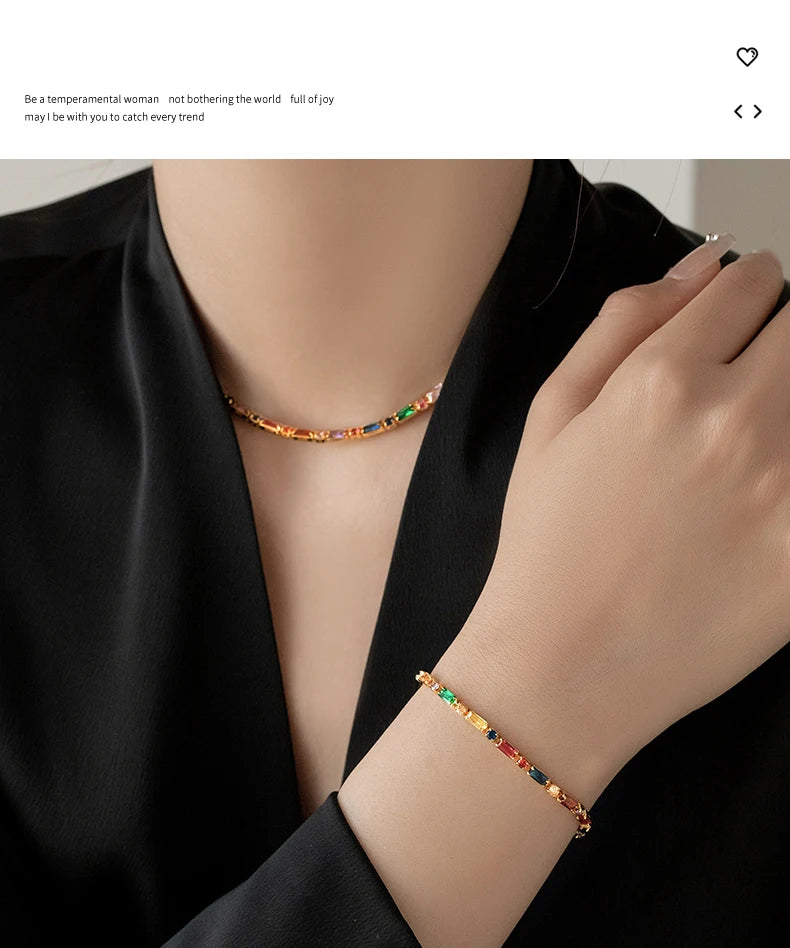 Luxury Design Colorful Zircon Chain Necklace Bracelet Jewelry Sets