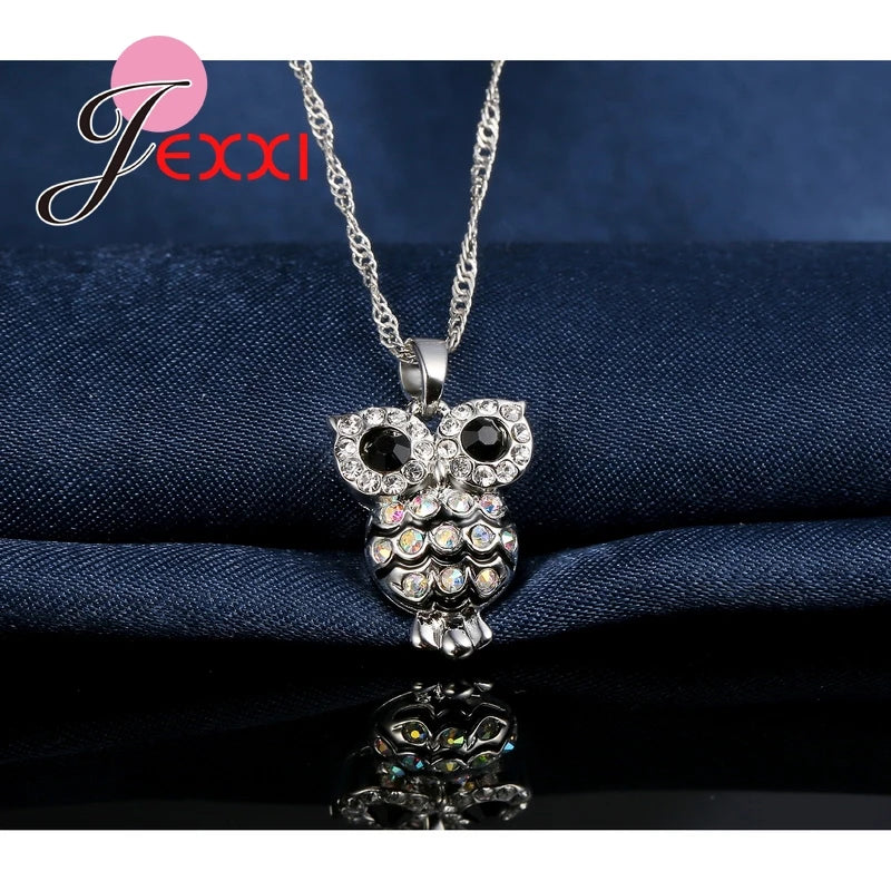 Owl Pendant Crystal Necklace and Earrings
